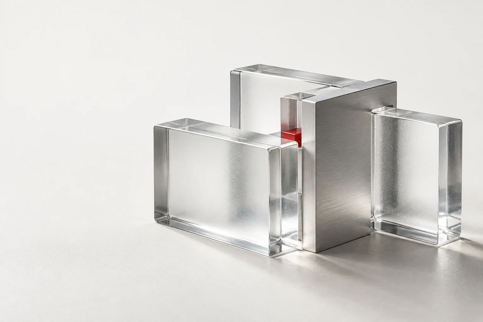Ineinandergreifende Glas- und Aluminiumpaneele um einen geschützten Kern